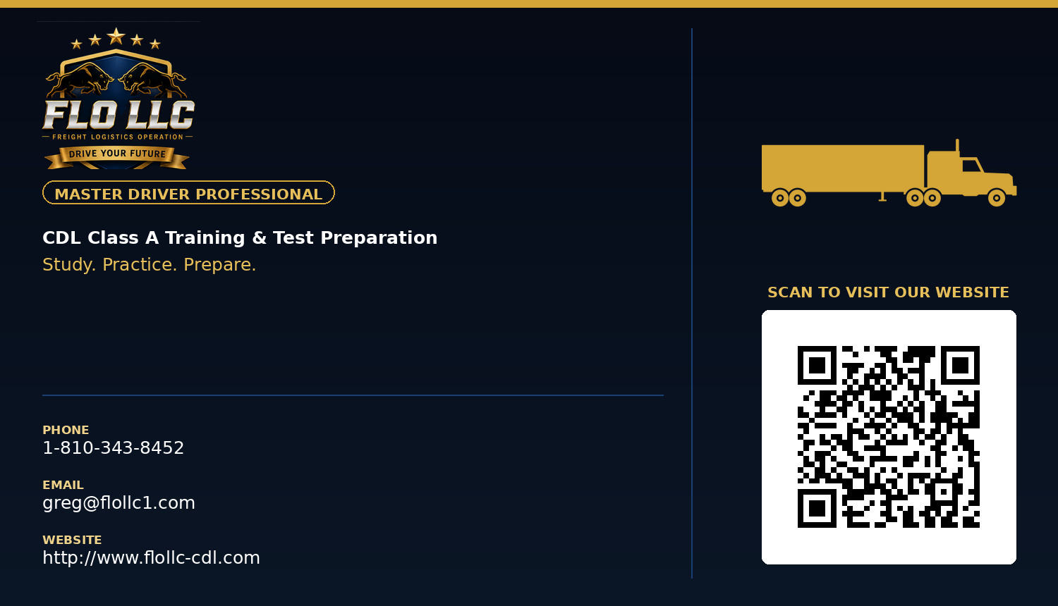 FLO LLC business card — CDL Class A Training & Test Preparation. Phone 1-810-343-8452, email greg@flollc1.com, website http://www.flollc-cdl.com. Includes a QR code linking to http://www.flollc-cdl.com.